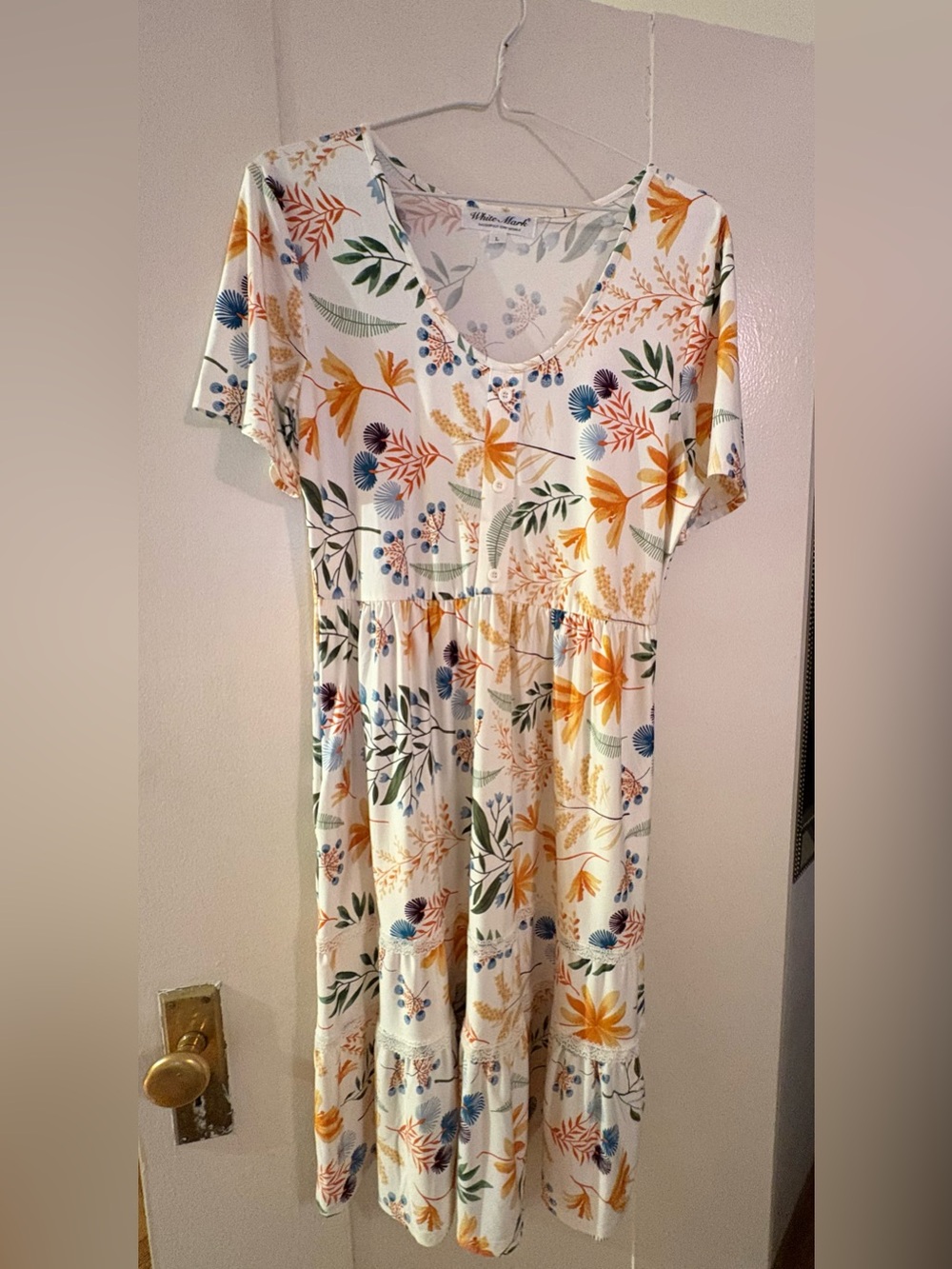 White Mark Cream Floral Button-Front Maxi Dress with Yellow & Blue Accents